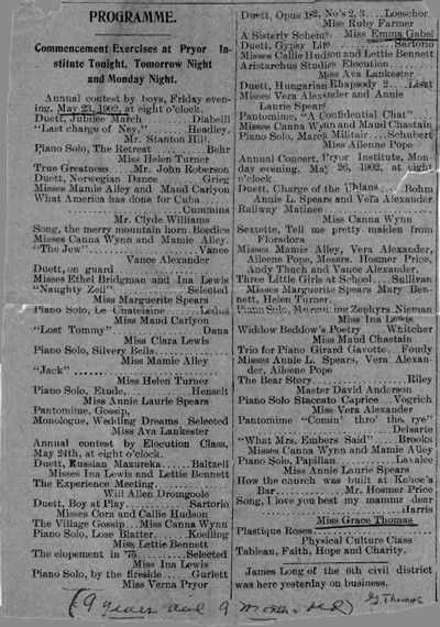 Pryor Institute commencement program, 1902