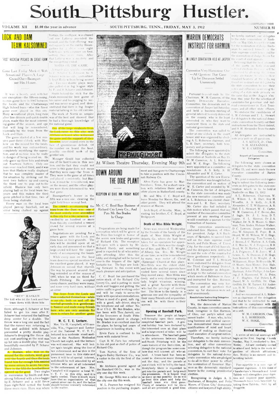 Front page of the South Pittsburg Hustler for Friday, May 3, 1912
