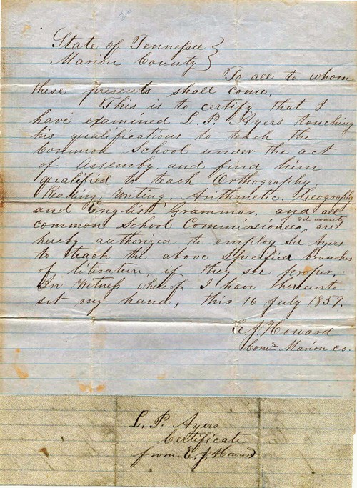 Teaching certificate issued to Lewis Ayers, 1859
